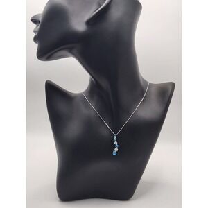 SAI 925 Sterling Silver Blue Clear Stone Curved Drop Pendant Box Chain Necklace